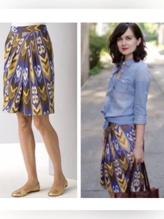 Tory Burch multicolor tribal Ikat Pleated A-Line Midi Tulip Skirt sz 12