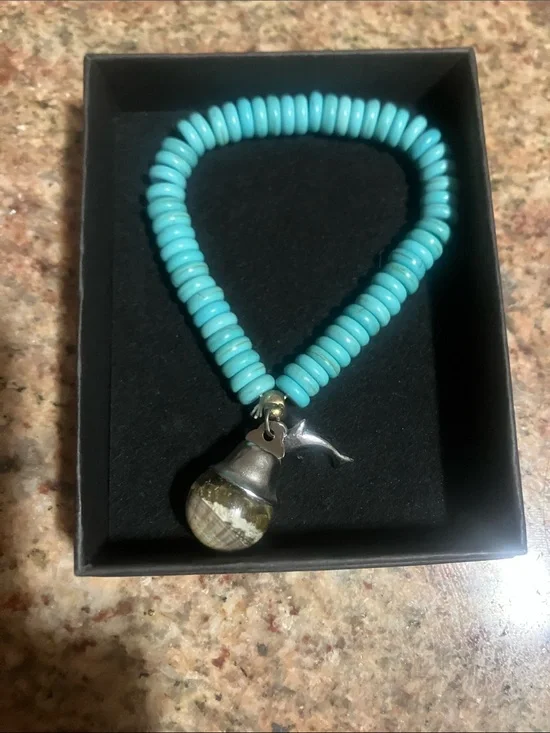 Turquoise Bead Bracelet with Silver Dolphin and Stone Charm