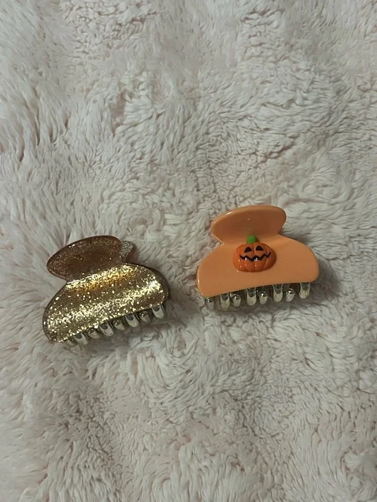 Orange Pumpkin/Gold Glitter Hair Claw Clip Set.