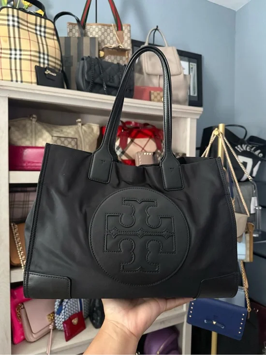 Tory Burch Black Nylon Logo Tote with Leather Trim