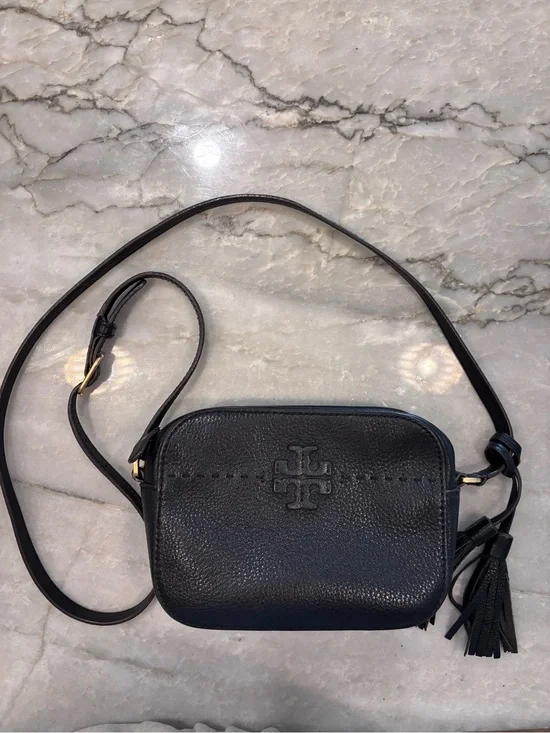 Tory Burch Black Pebbled Leather Crossbody with Tassel