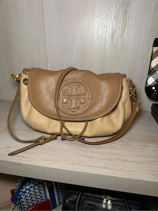 Tory Burch Two-Tone Camel and Beige Pebbled Leather Crossbody