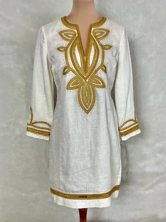 Tory Burch Ivory Yellow Gold Embroidered Linen Caftan Mini Dress Tunic 6