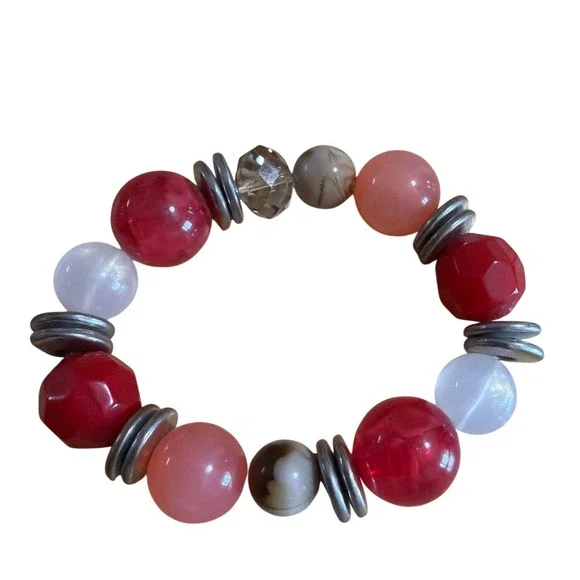 Multi Color Chunky Beaded Stretch Bracelet Red Pink White Silver Tone Spacers