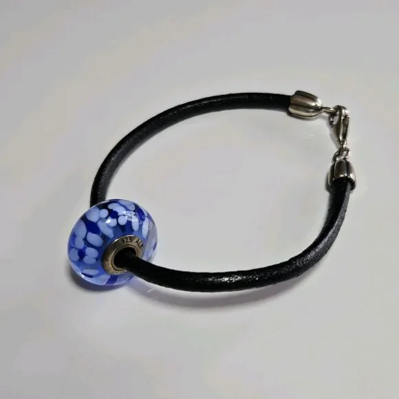 Pandora Black Cord Bracelet W/ Large Blue Flowered Murano Glass Bead 6.75