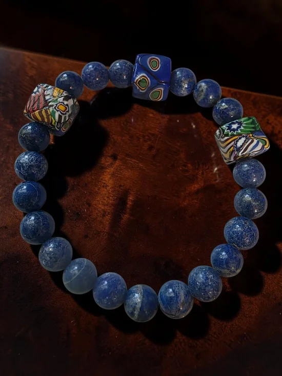 Handmade Lapis Lazuli and Millefiori Glass Stretch Bracelet
