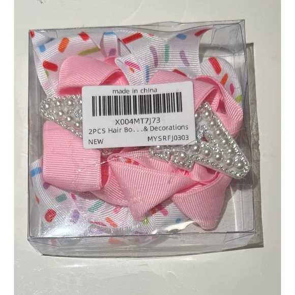 2PC 4th Birthday Hair Bows Pink White Sprinkles Pearl Number 4 Hair Clips Set