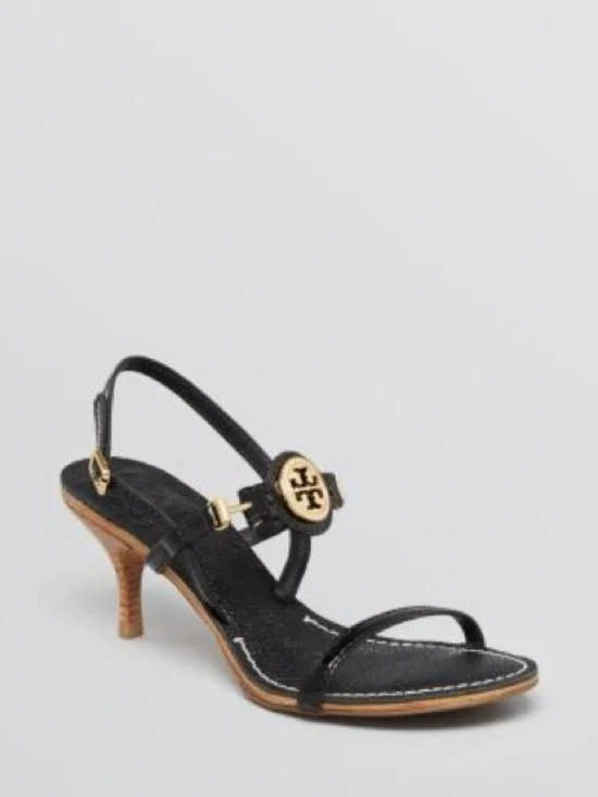 Tory Burch Black Leather Sandal with Gold Logo