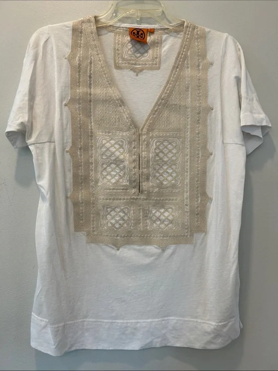 Tory Burch White Short-Sleeve V-Neck Shirt with Beige Embroidered Panel