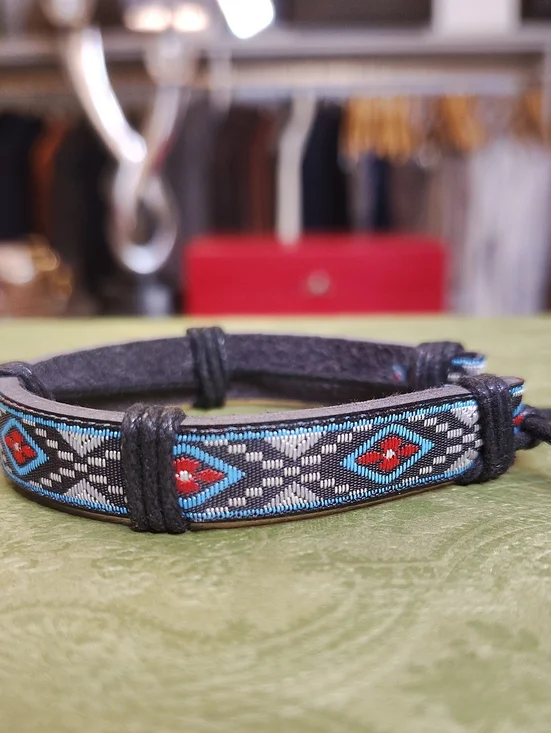 Braided PU Vegan Leather Bracelet with Blue and Red Woven Pattern