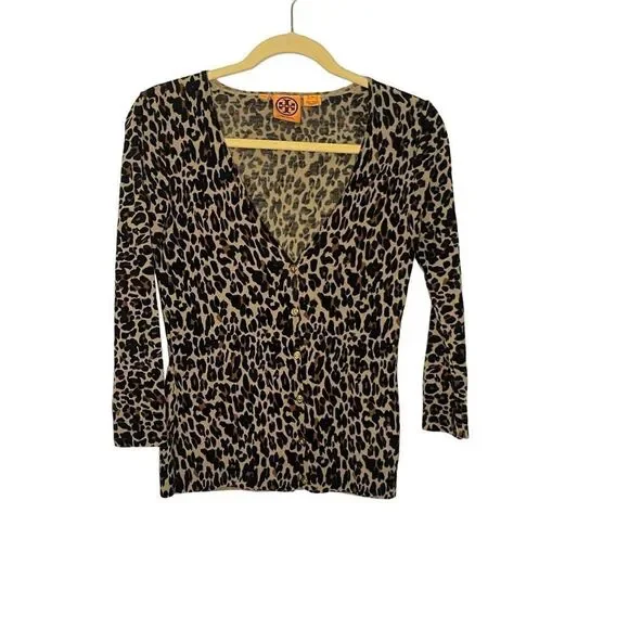Tory Burch Merino Wool Leopard Printed 3/4 Sleeve Cardigan Women’s Size XS