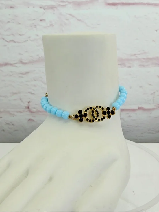 Chanel C23A Pearl Coco Mark Rhinestone Bracelet Tiffany Blue