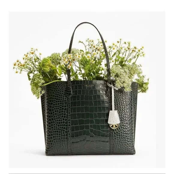 Tory Burch Perry Deep Kelp Green Embossed Triple Compartment Tote Bag