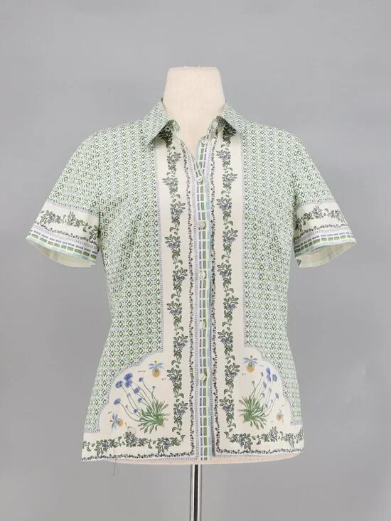TORY BURCH Talia Botanical Printed Stretch Cotton Short Sleeve Shirt Size 12