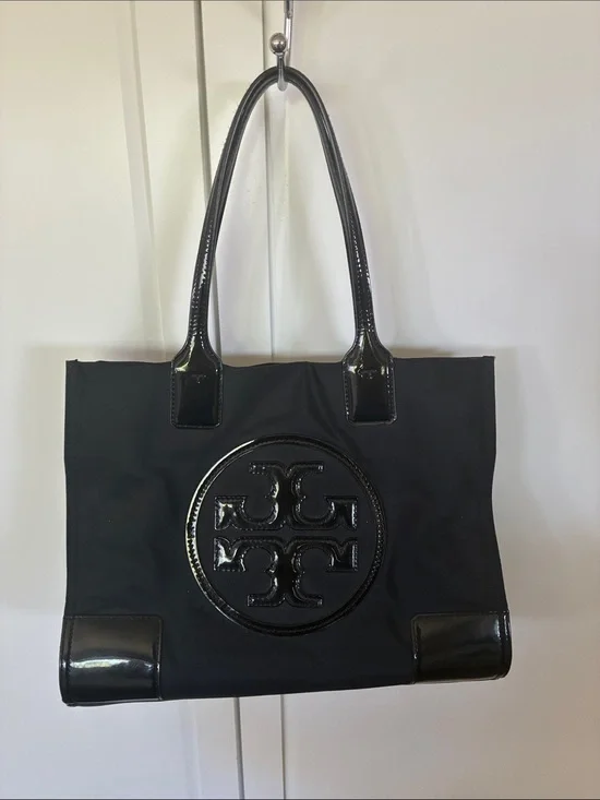 Tory Burch Black Nylon Tote with Patent Trim and Logo