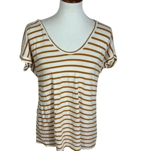 Tory Burch Soft Striped V Neck Brown and White Women's Tee Size L