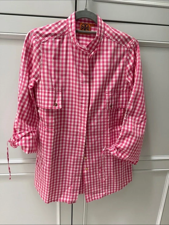 Tory Burch Pink Gingham Casual Button-Down Shirt with matching belt