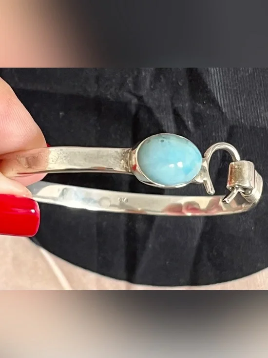 Vintage Sterling Silver Larimar Cabochon Hook Bangle Bracelet — 925
