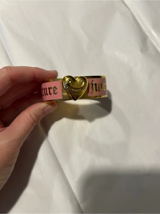 Juicy Couture Gold and Pink Heart Logo Cuff Bracelet