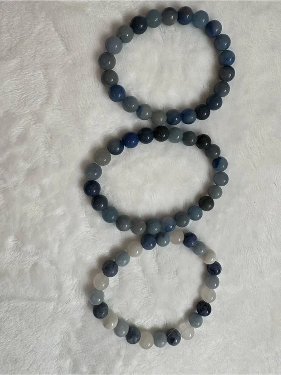 Blue and White Crystal Beaded Stretch Bracelet Trio - Women Jewelry