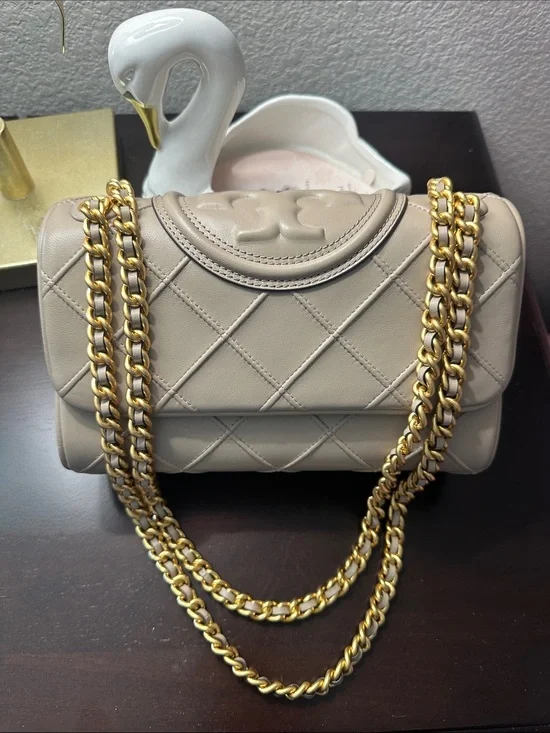 Tory Burch Quilted Beige Leather Shoulder Bag with Gold Chain