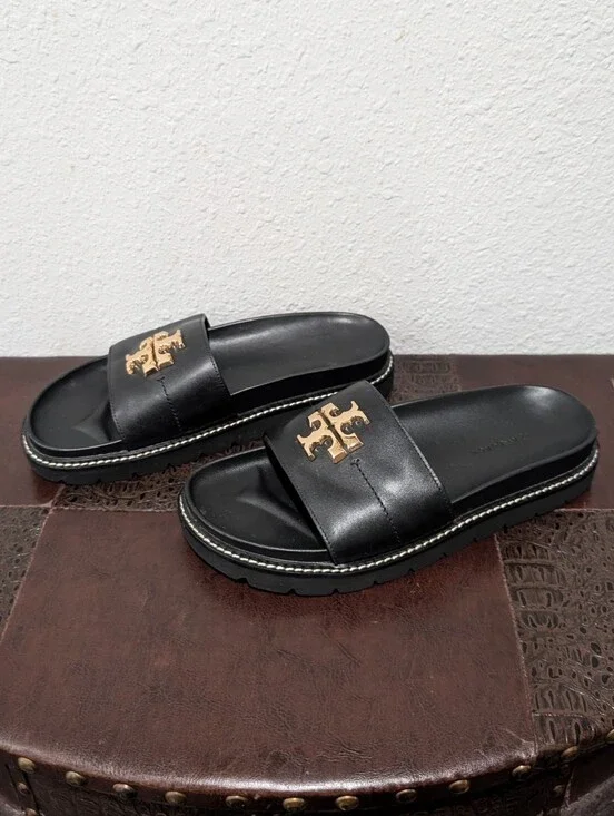 Tory Burch Everly Anatomic Lug Nappa Leather Slide Sandal in Black Size 8