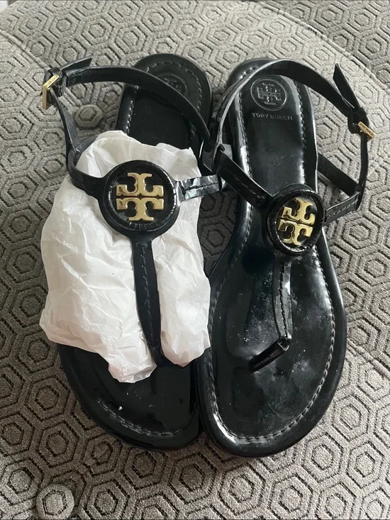 Tory Burch Black Soft Patent Leather Dillan Sandal Size 8.5