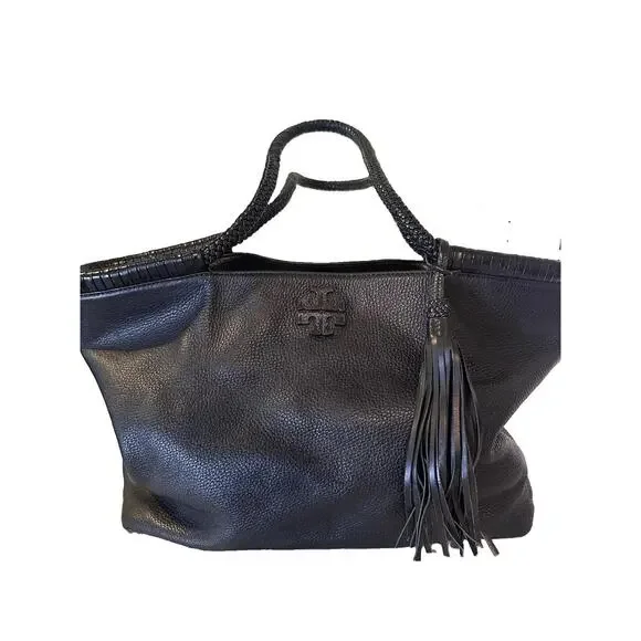 Tory Burch Tote Bag Womens Large Black Leather Shoulder Tassel Braided