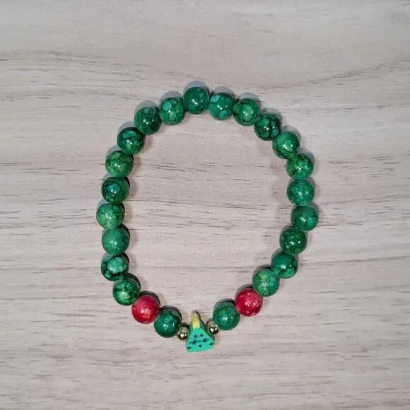 Green Bead Bracelet Christmas Tree Charm Stretch Holiday Jewelry