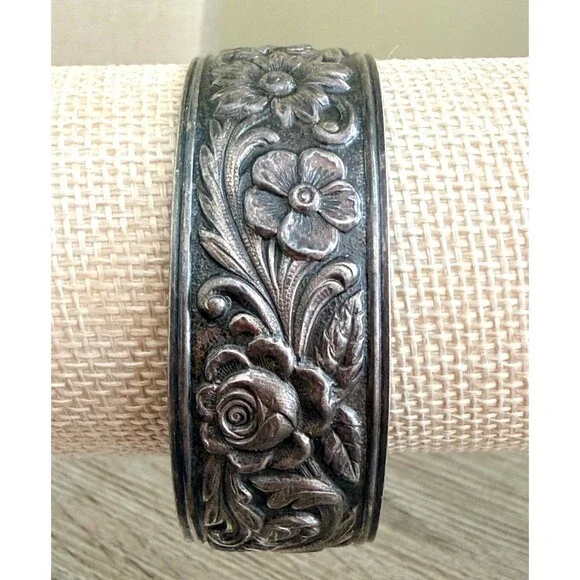 S Kirk & Son Sterling Silver Repousse Floral Cuff Bracelet Heavy 32.9g