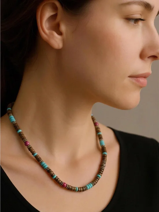 Handcrafted Brown Wood Bead necklace set with Turquoise and Pink Accents