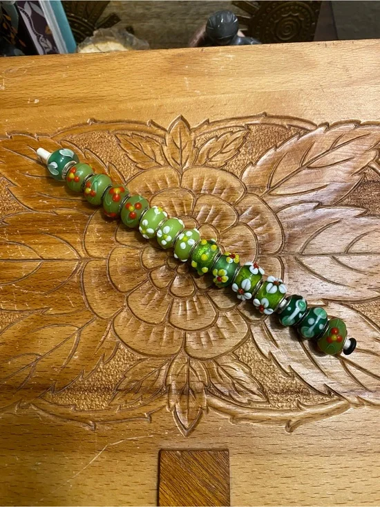 Sterling and Green Glass Floral Beads set of 15