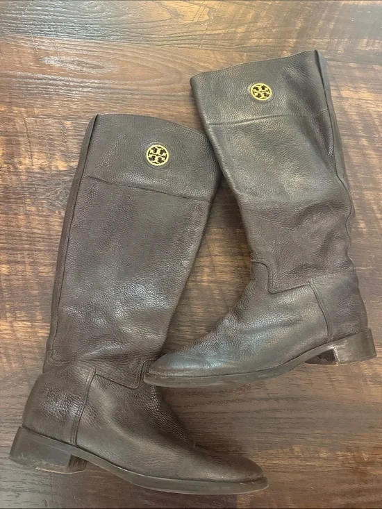 Tory Burch Dark Brown Leather Tall Logo Riding Boots