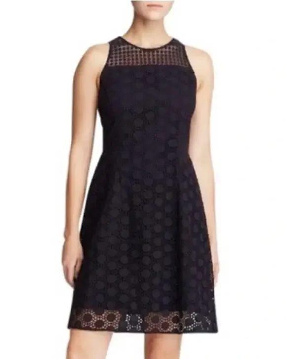 Tory Burch Hallie Eyelet Dress Mini Crew Neck Sleeveless Lace Preppy Navy Blue
