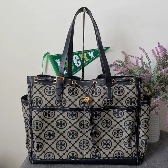 Tory Burch Navy and Beige Logo Jacquard Tote
