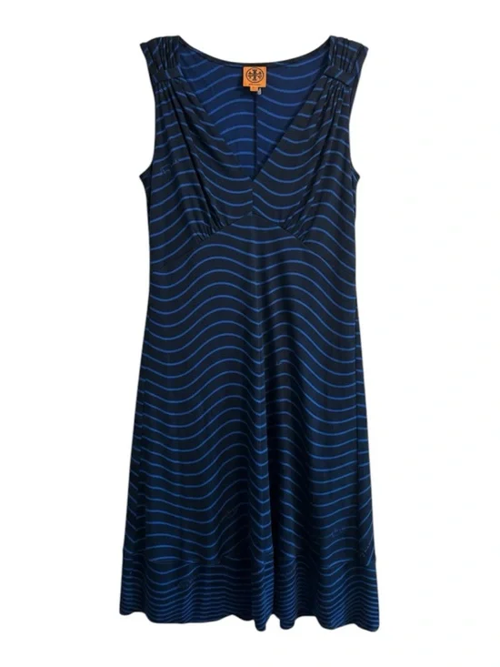 Tory Burch Midi Dress Womens Large Black Blue Silk Stretch Wavy Stripe V-Neck