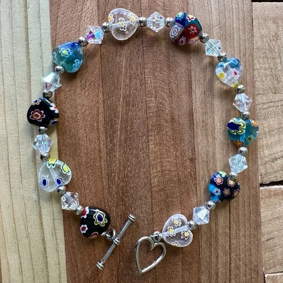 Vintage Heart Bead Bracelet 7.75 Inch Murano Millefiori Glass Crystals Toggle‎