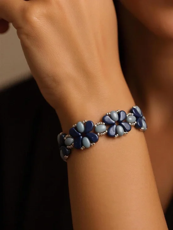 Elegant Blue Floral Bead Bracelet - Women Jewelry