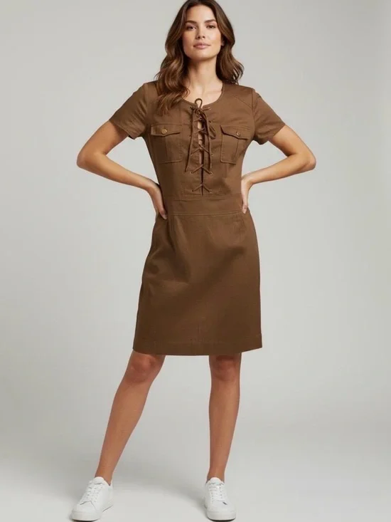Brown Lace-Up Short Sleeve Dress