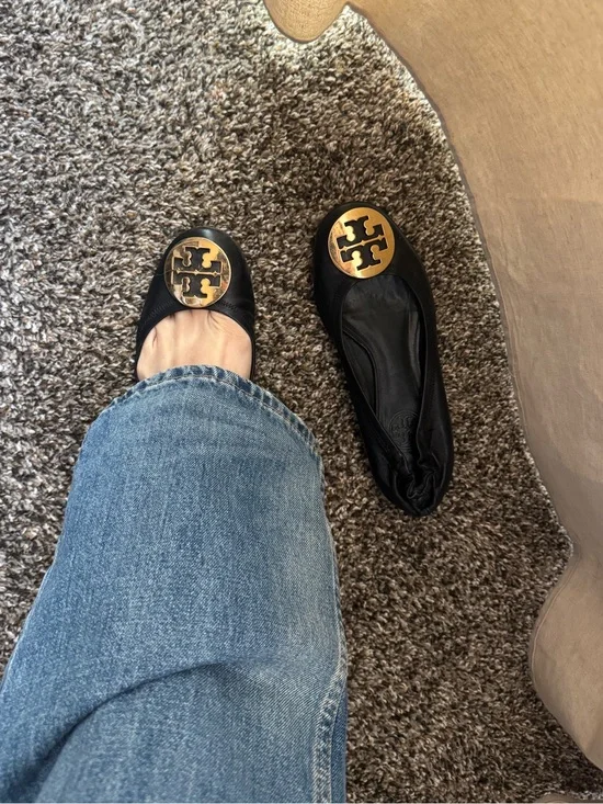 Tory Burch Reva Metallic Leather Flats Ballet Size 6.5 Womens Black Gold
