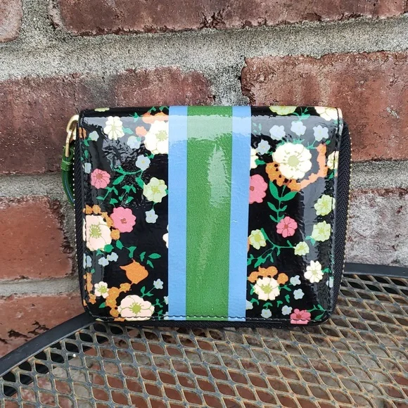 Tory Burch Vilette Patent Floral Leather Zip Around Compact Wallet Designer
