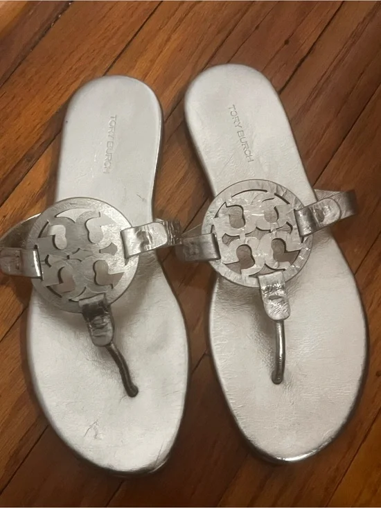 Tory Burch Metallic Silver Logo Thong Sandals