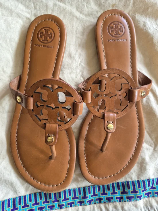 Tory Burch Brown Leather Miller Logo-Thong Sandals