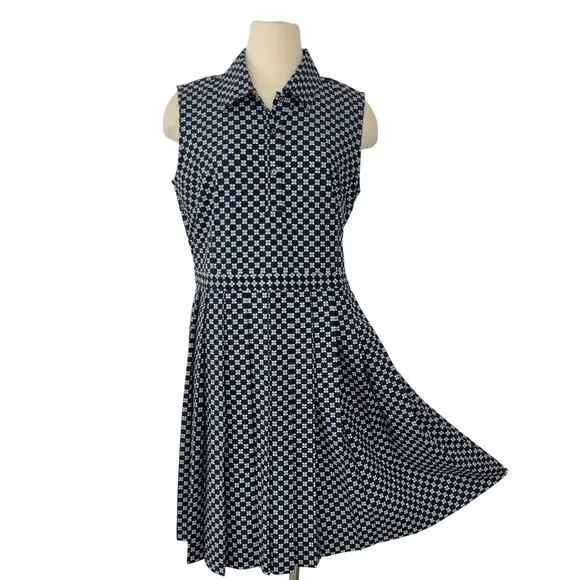 Tory Burch Performance Pleated Golf Dress Sleeveless Navy White Print XL NWOT