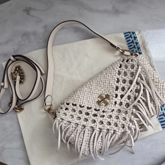 Tory Burch Ivory Woven Fringe Crossbody with Gold Hardware