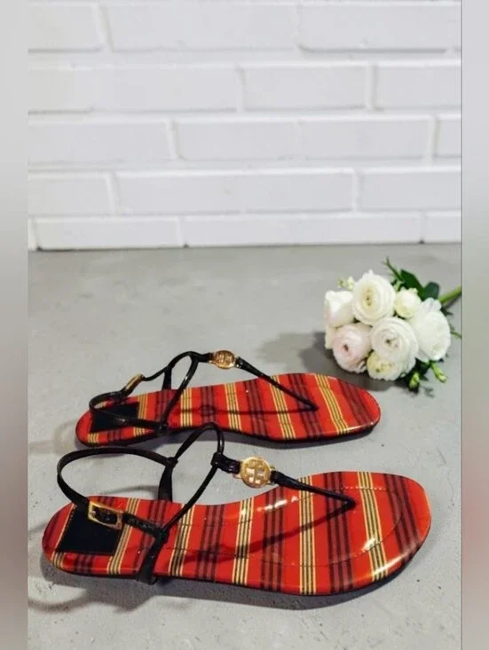 Tory Burch Emmy Striped Patent Leather Thong Sandals EUC Size 8