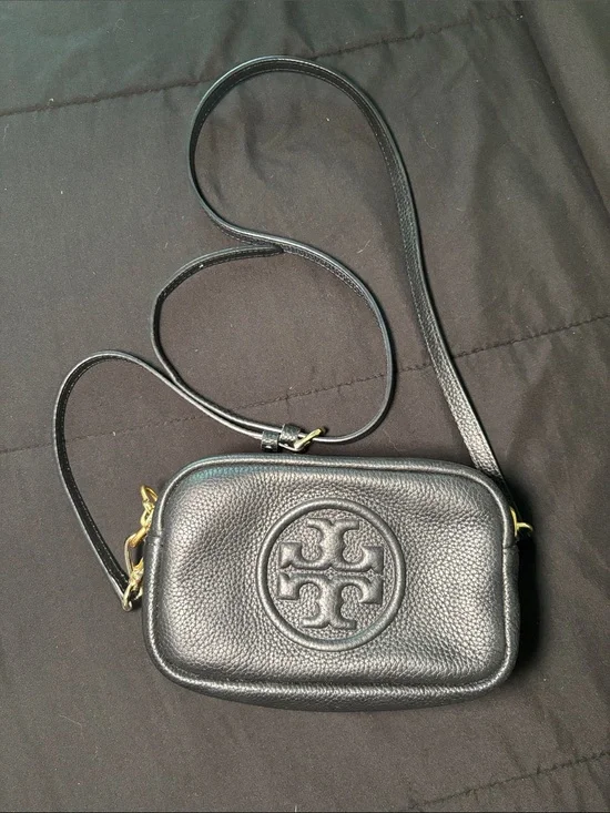 Tory Burch Black Pebbled Leather Crossbody with Embossed Logo
