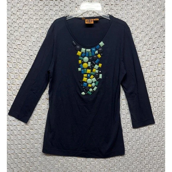 Tory Burch Top Shirt Size M Navy Blue 3/4 Sleeve‎  Bling Cotton Modal  Blouse