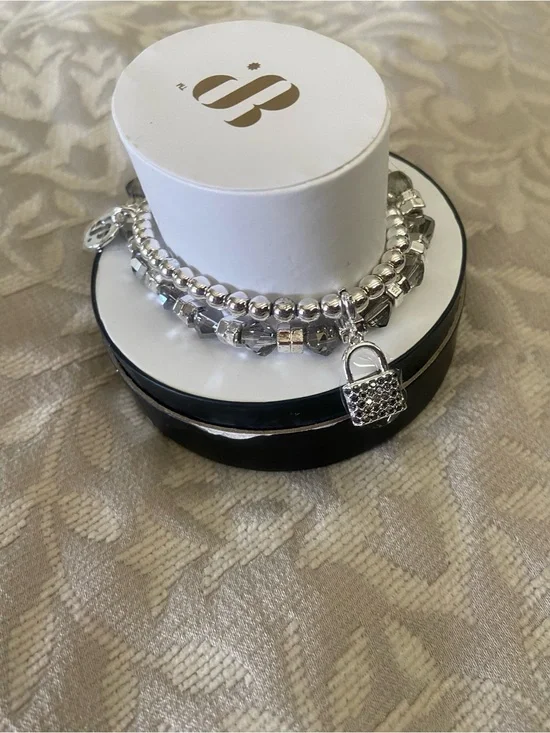 Silver Beaded Charm Bracelet Set with Lock Accent - Women Jewelry