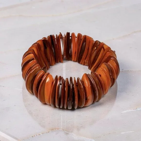 Vintage Hand Crafted Seashells Chunky Stretch Bracelet Coral Tropical Boho 80s